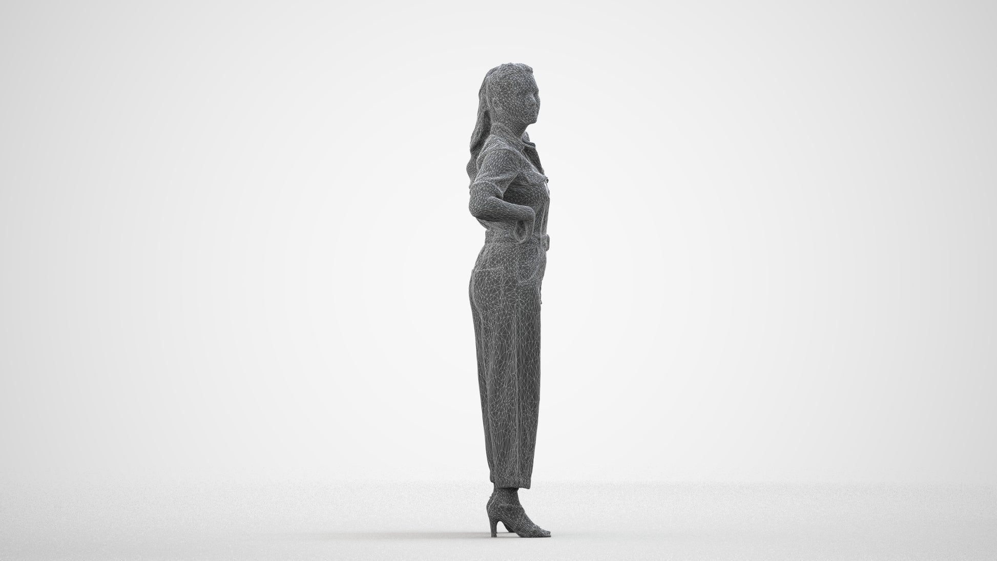 3D people model woman casual standing, scanned human for 3ds Max rendering, wireframe side view