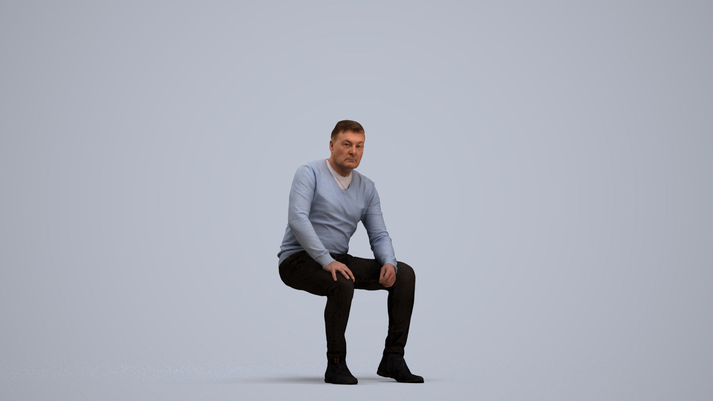 3D people model man casual sitting, scanned human for 3ds Max rendering, standing pose render