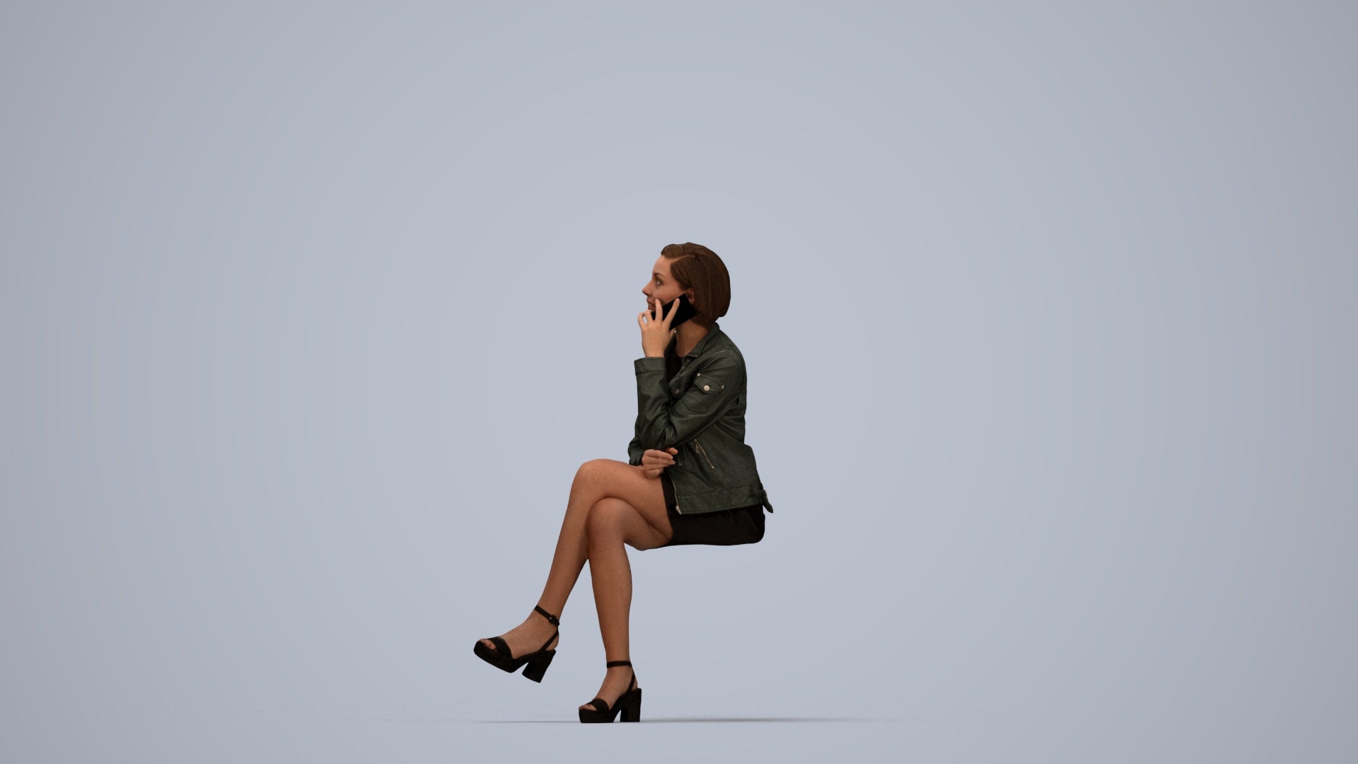 3D human model woman casual sitting, photogrammetry scanned person for archviz, top-down view render