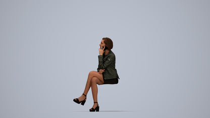 3D human model woman casual sitting, photogrammetry scanned person for archviz, top-down view render