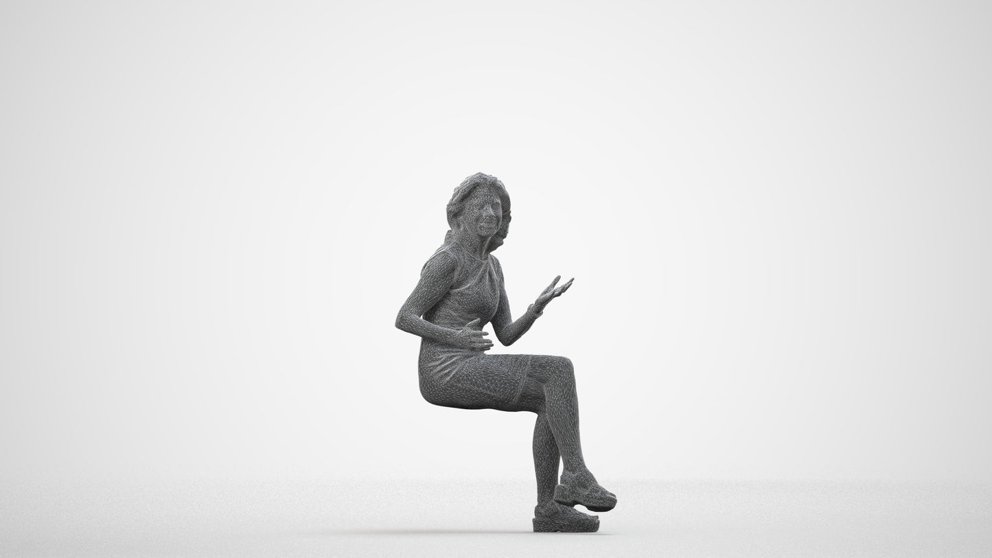3D scanned woman sitting business, photorealistic archviz people for Enscape and SketchUp, wireframe side view