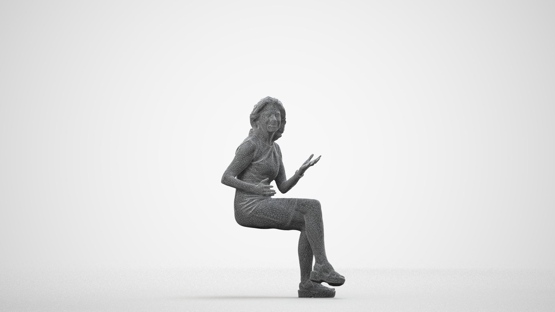 3D scanned woman sitting business, photorealistic archviz people for Enscape and SketchUp, wireframe side view