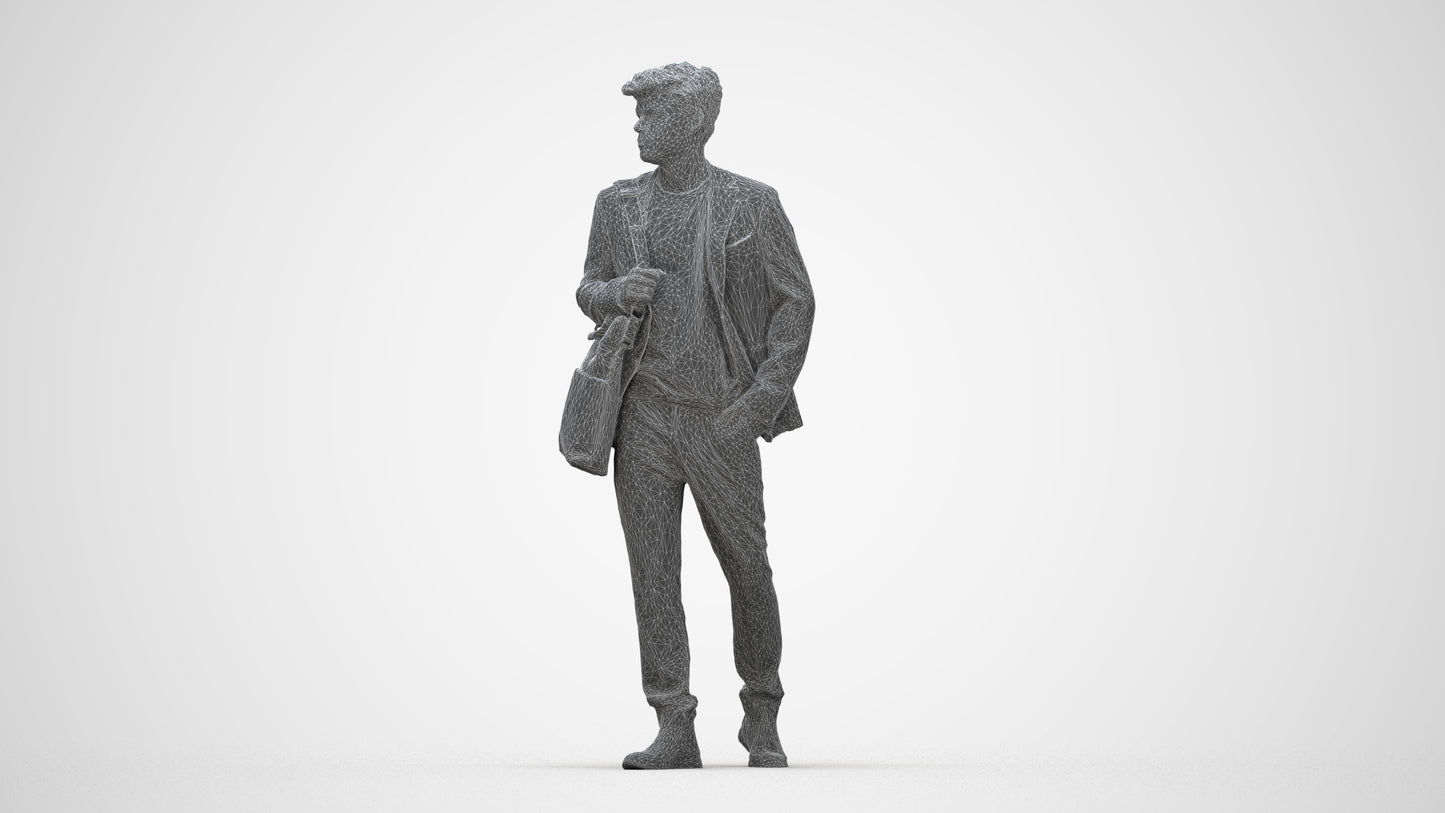 photogrammetry 3D man business standing, realistic human model archviz FBX, wireframe back view