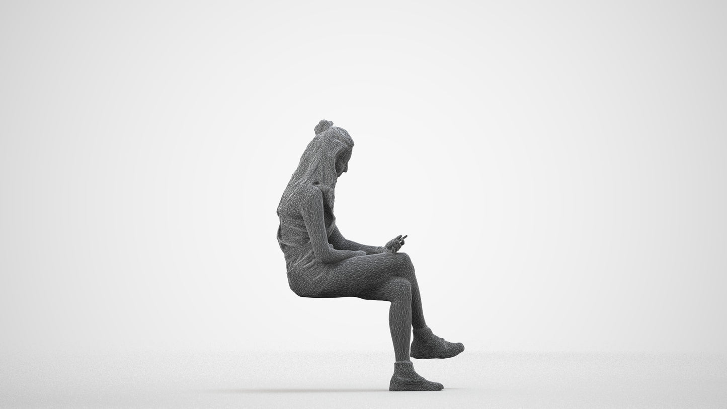 realistic 3D woman casual sitting, scanned archviz people for Blender and 3ds Max, wireframe side view