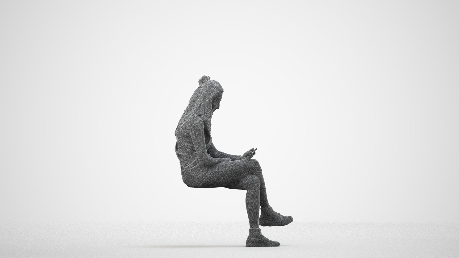 realistic 3D woman casual sitting, scanned archviz people for Blender and 3ds Max, wireframe side view