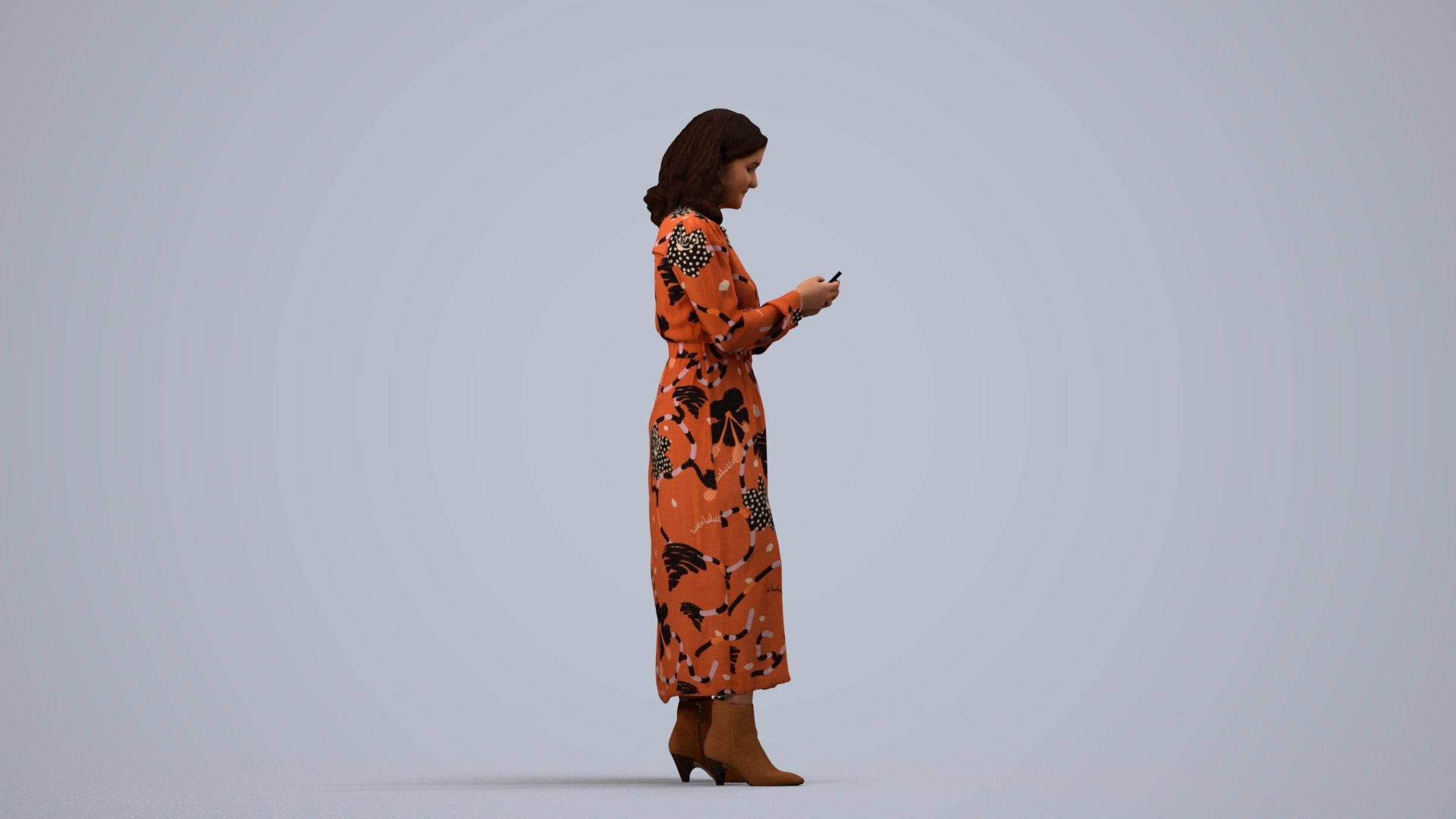 realistic 3D woman casual standing, scanned archviz people for Blender and 3ds Max, side view render