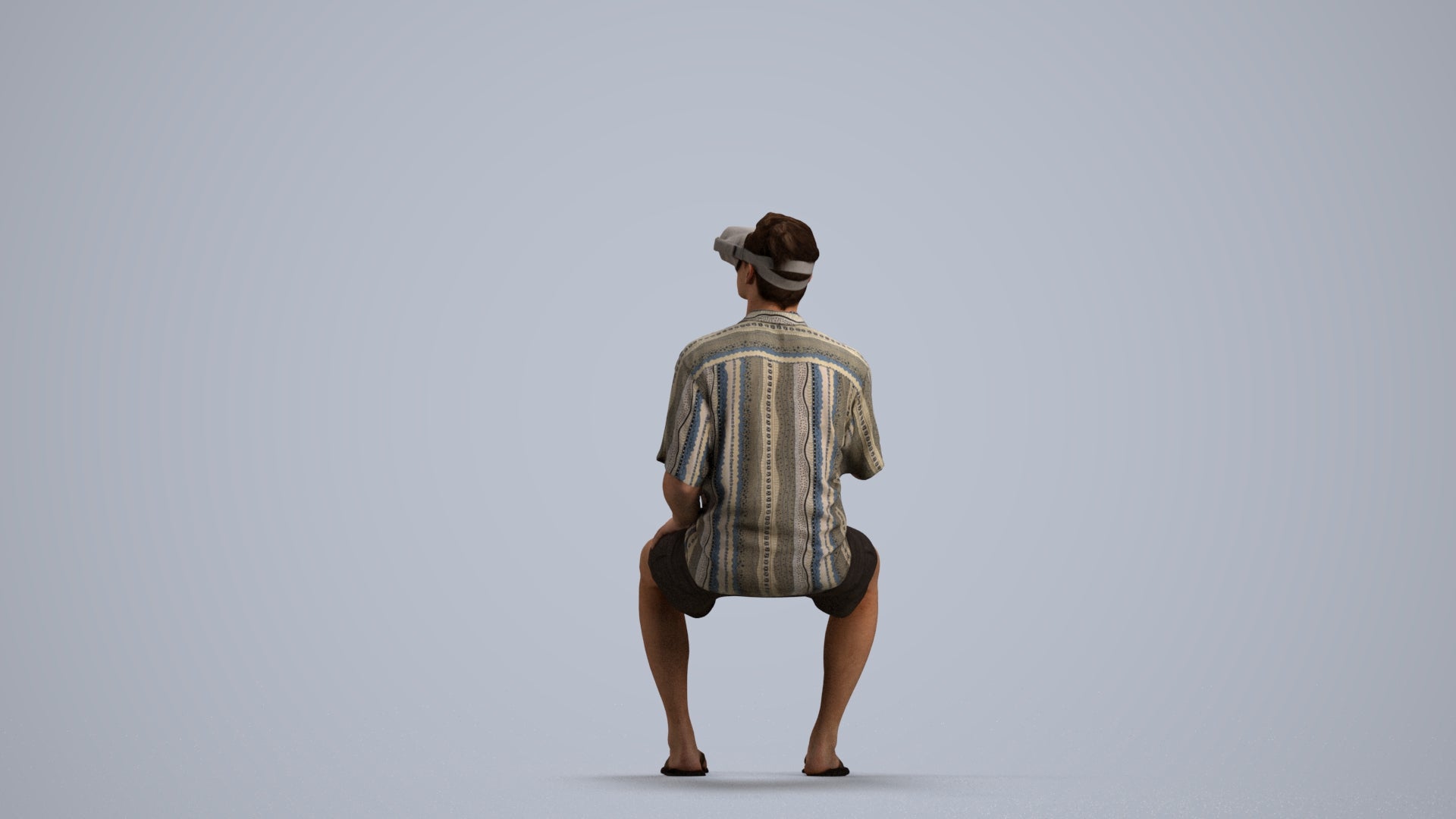 3D human model man casual sitting, photogrammetry scanned person for archviz, front view render