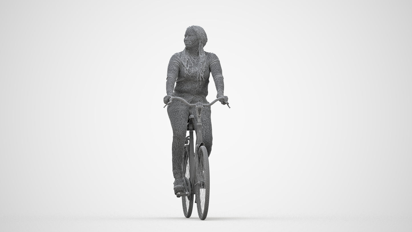 3D human model woman casual cycling, photogrammetry scanned person for archviz, wireframe back view