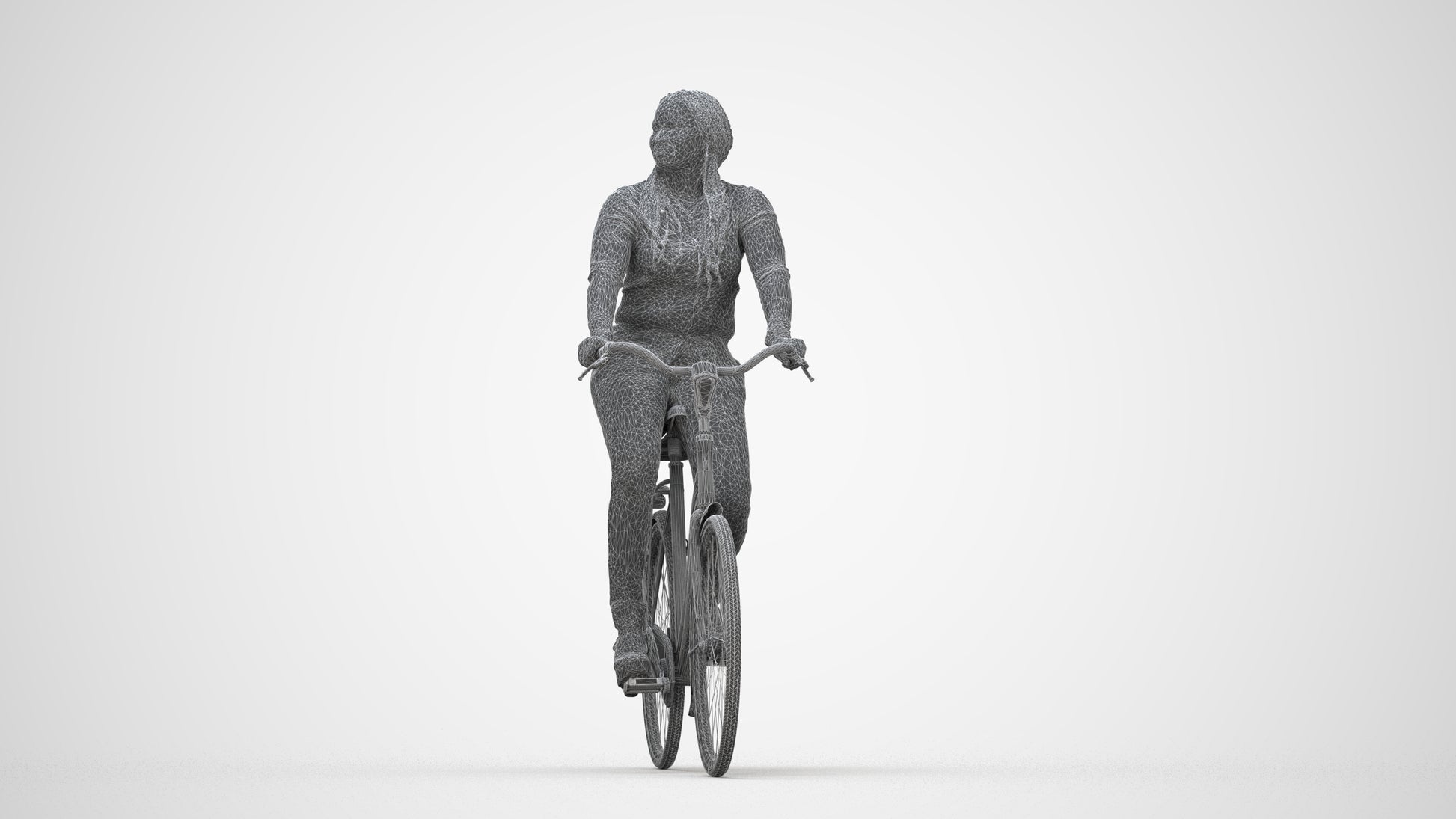 3D human model woman casual cycling, photogrammetry scanned person for archviz, wireframe back view