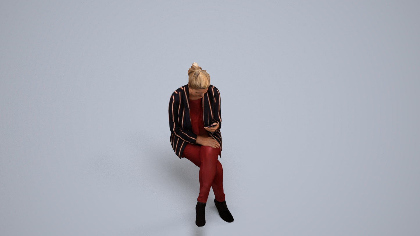 3D scanned woman sitting business, photorealistic archviz people for Enscape and SketchUp, back view render