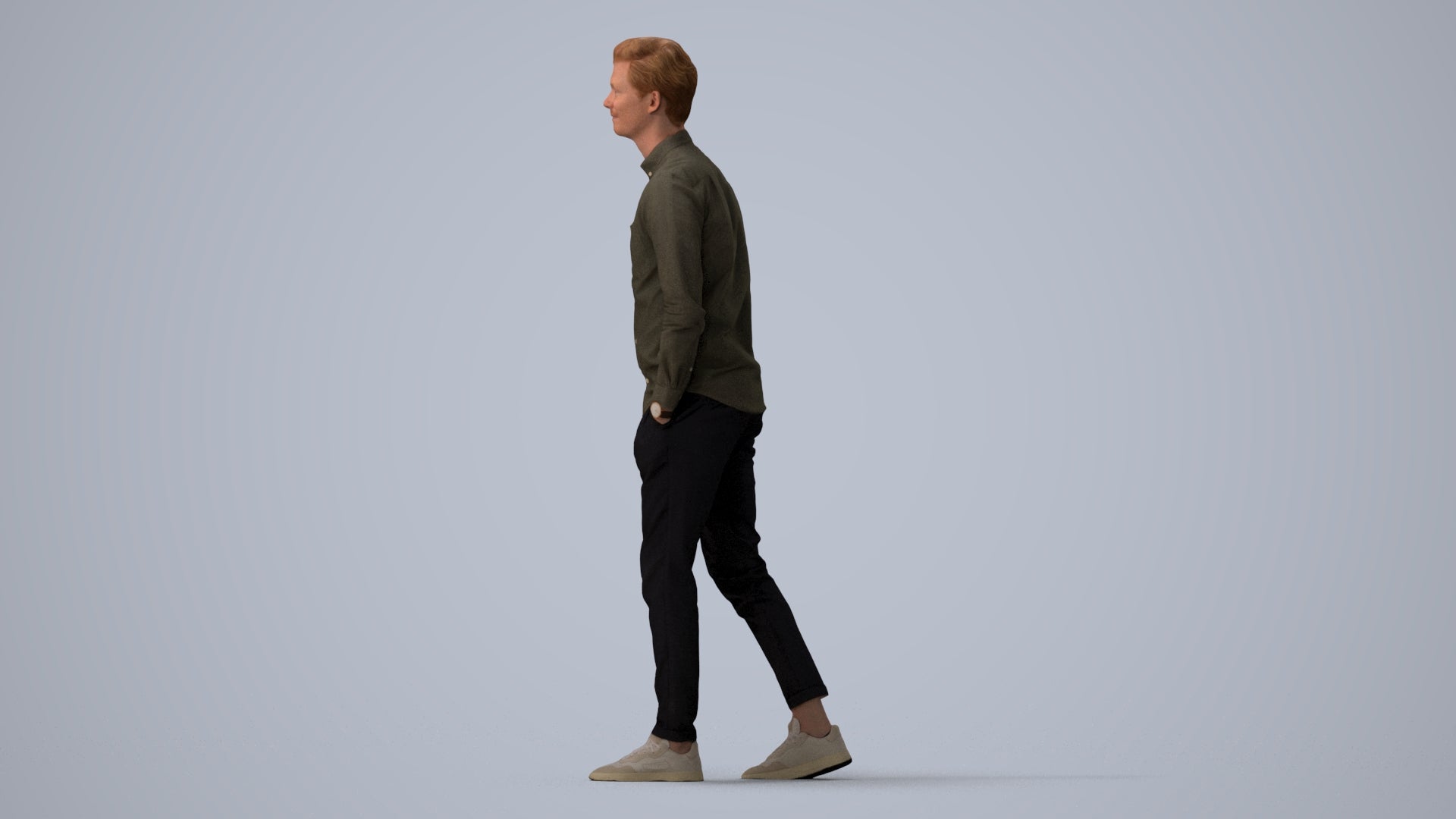 realistic 3D human man casual walking, archviz people FBX OBJ for Blender, three-quarter view render