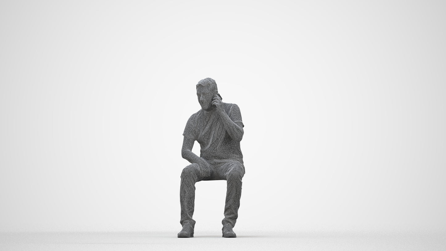 3D scanned senior man sitting casual, photorealistic archviz people for Enscape and SketchUp, wireframe back view