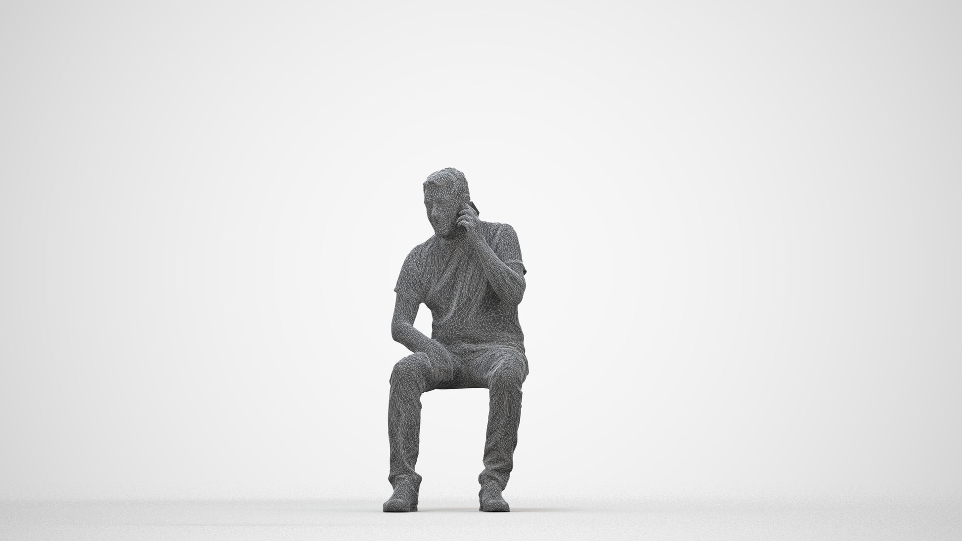3D scanned senior man sitting casual, photorealistic archviz people for Enscape and SketchUp, wireframe back view