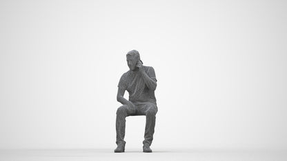 3D scanned senior man sitting casual, photorealistic archviz people for Enscape and SketchUp, wireframe back view