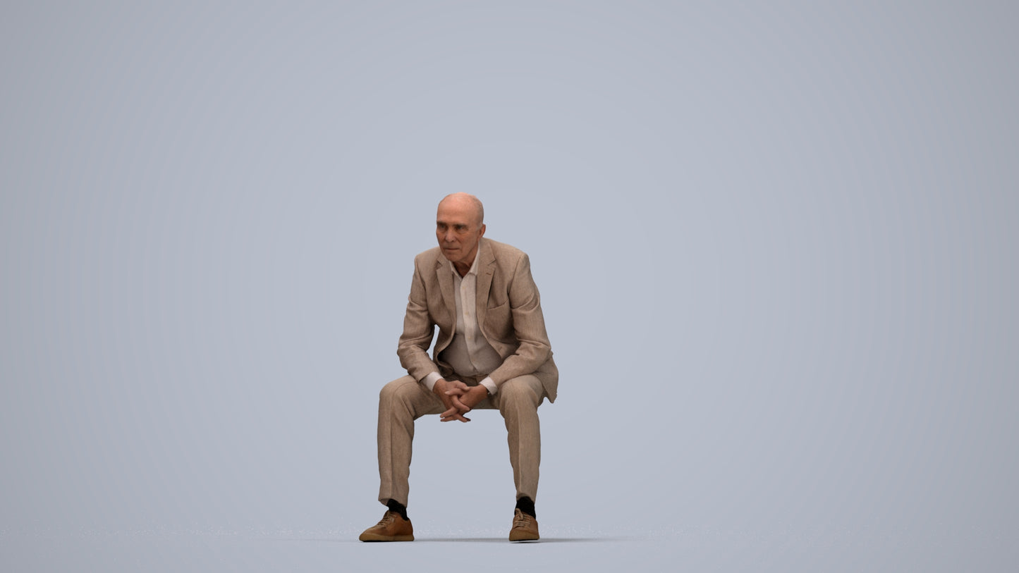 3D human model senior man business sitting, photogrammetry scanned person for archviz, top-down view render