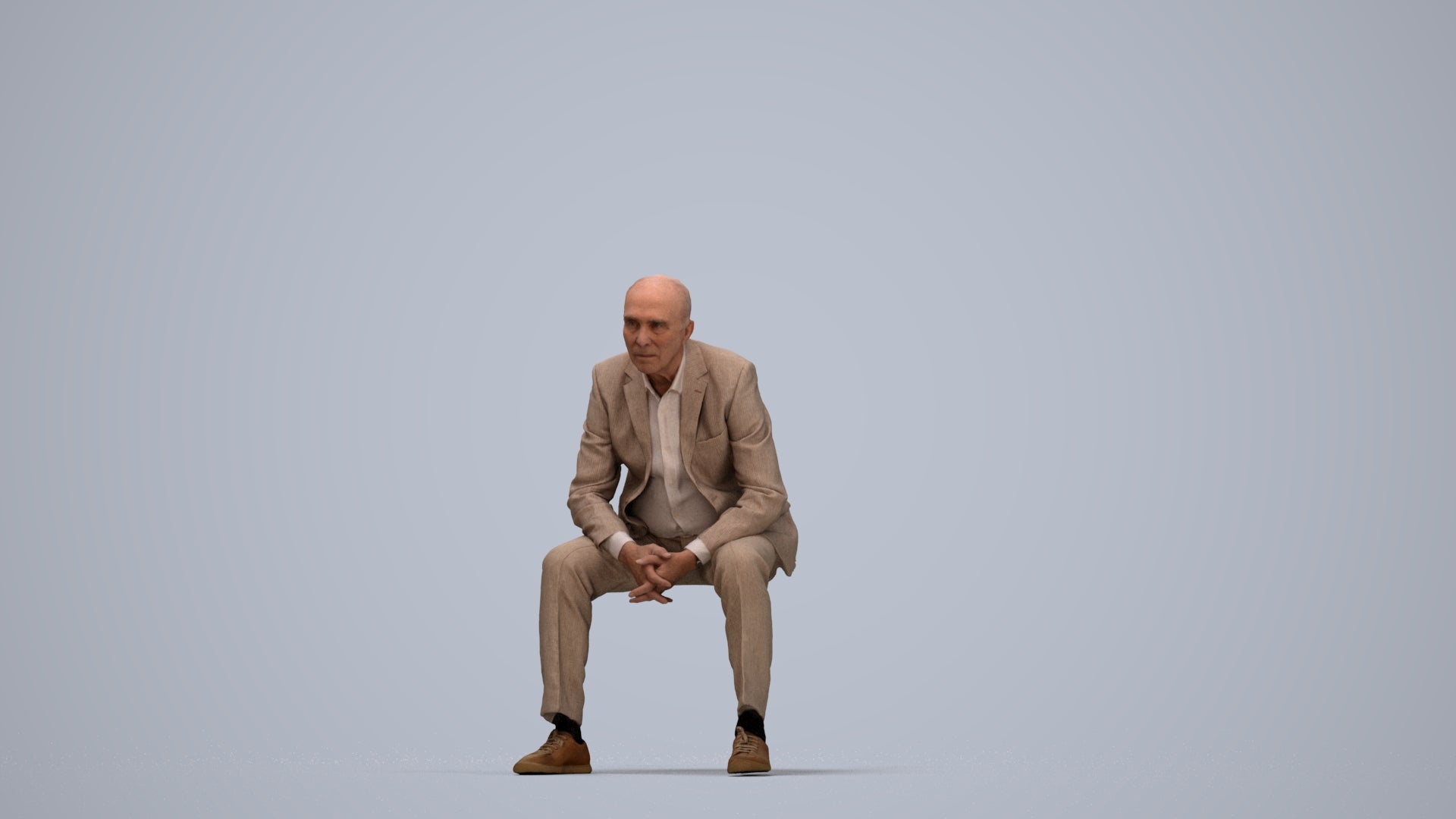 3D human model senior man business sitting, photogrammetry scanned person for archviz, top-down view render