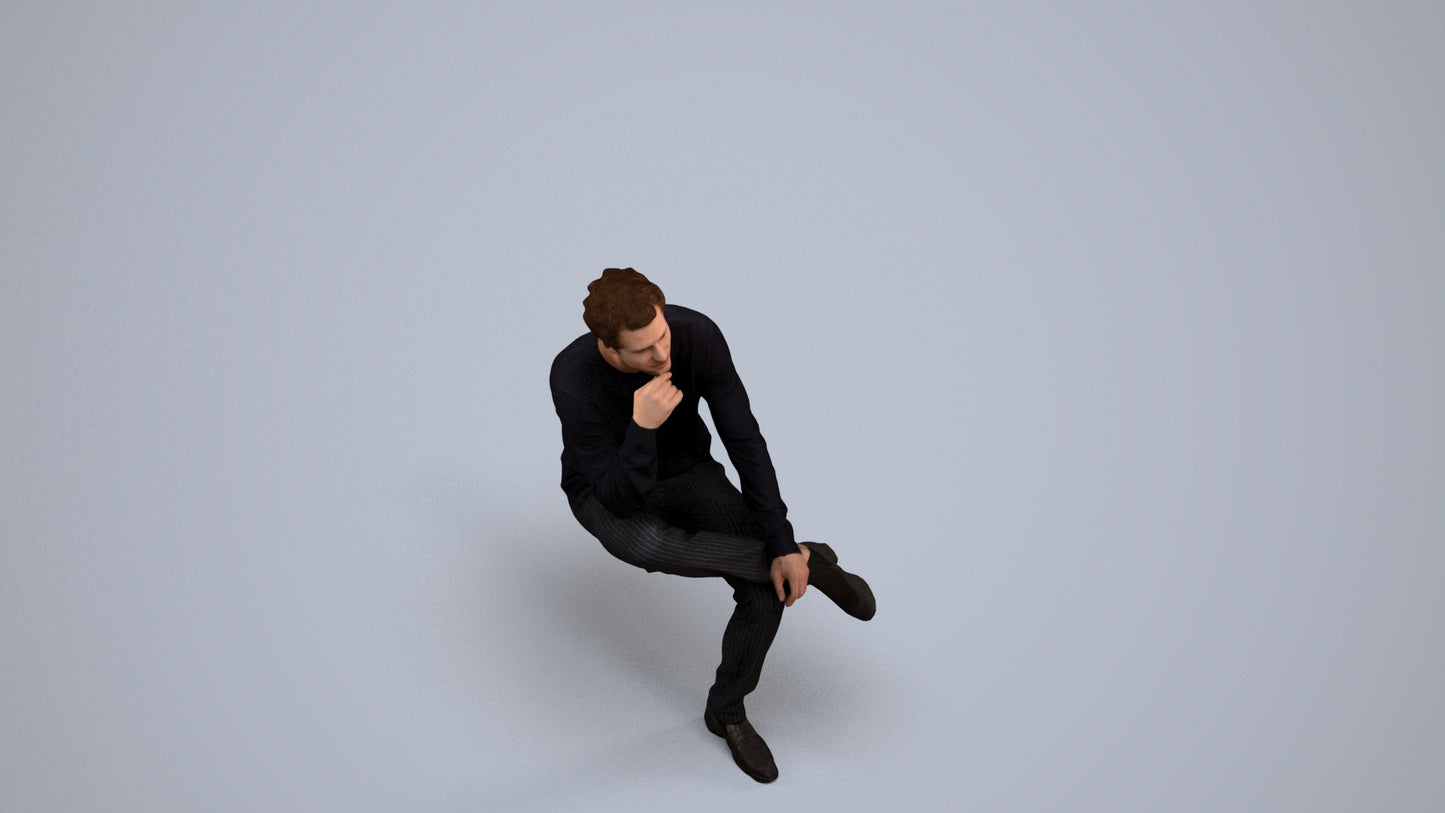 3D people model man casual sitting, scanned human for 3ds Max rendering, back view render