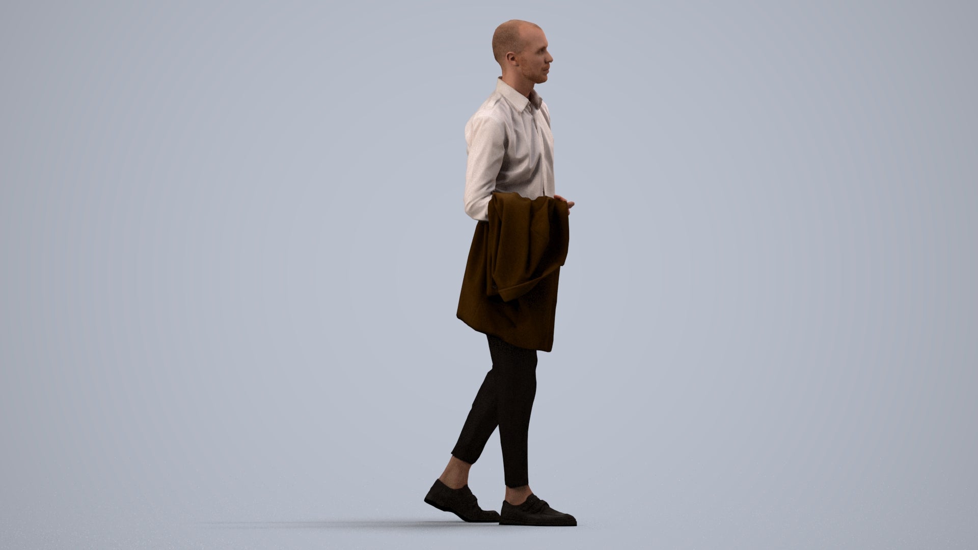 photogrammetry 3D man business walking, realistic human model archviz FBX, side view render