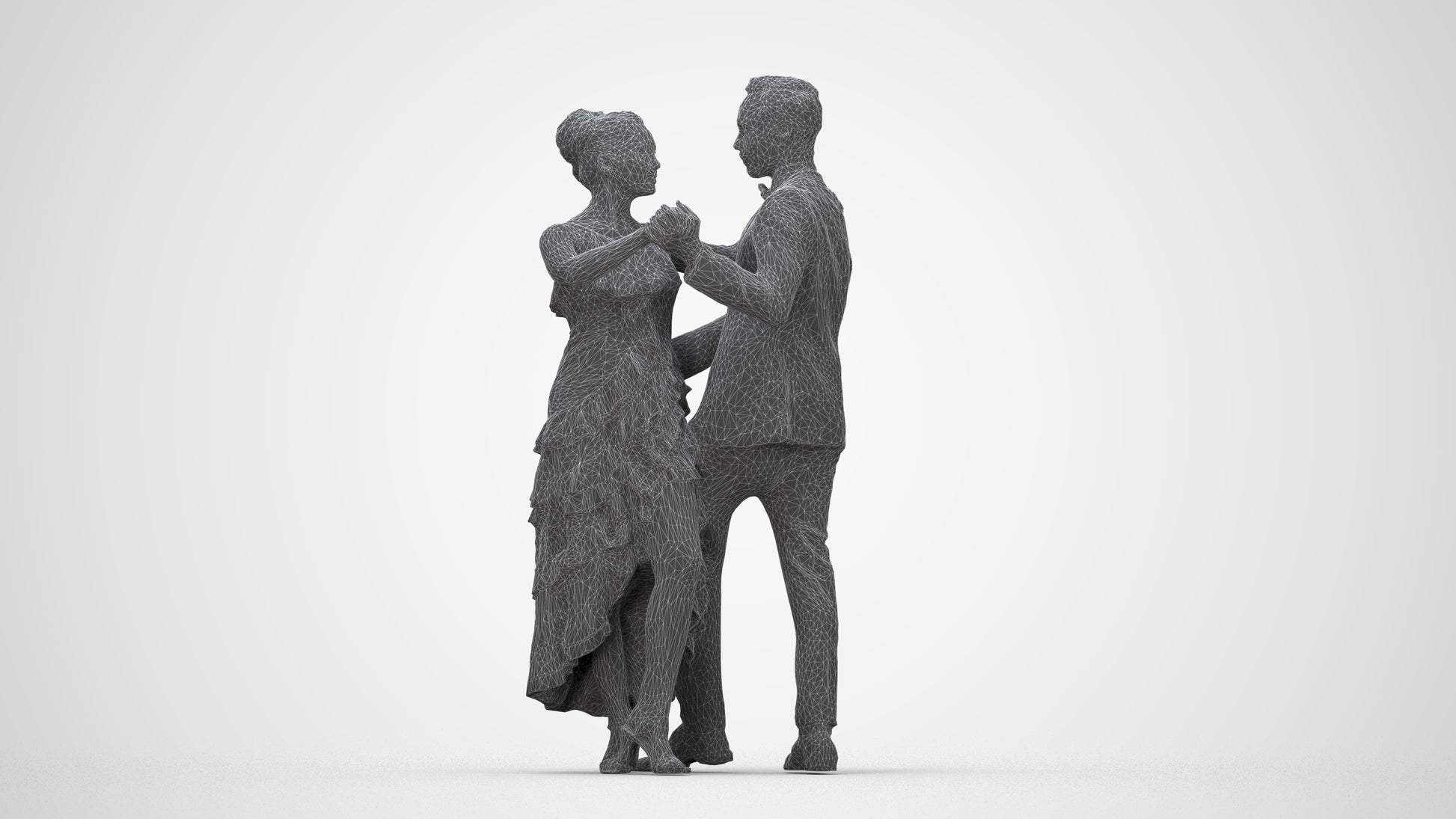 3D human model woman formal dancing, photogrammetry scanned person for archviz, wireframe back view