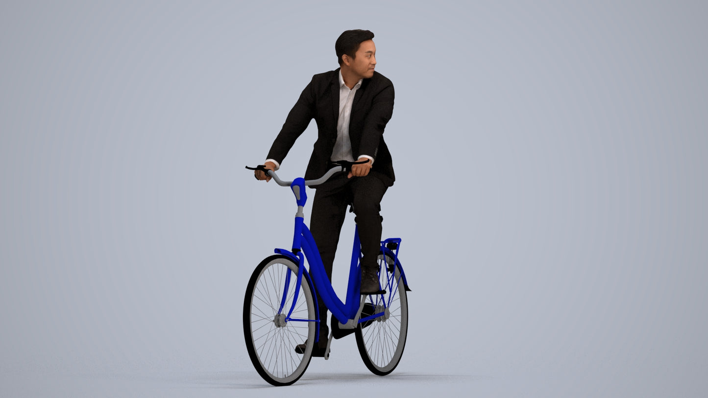 3D human model man business cycling, photogrammetry scanned person for archviz, standing pose render