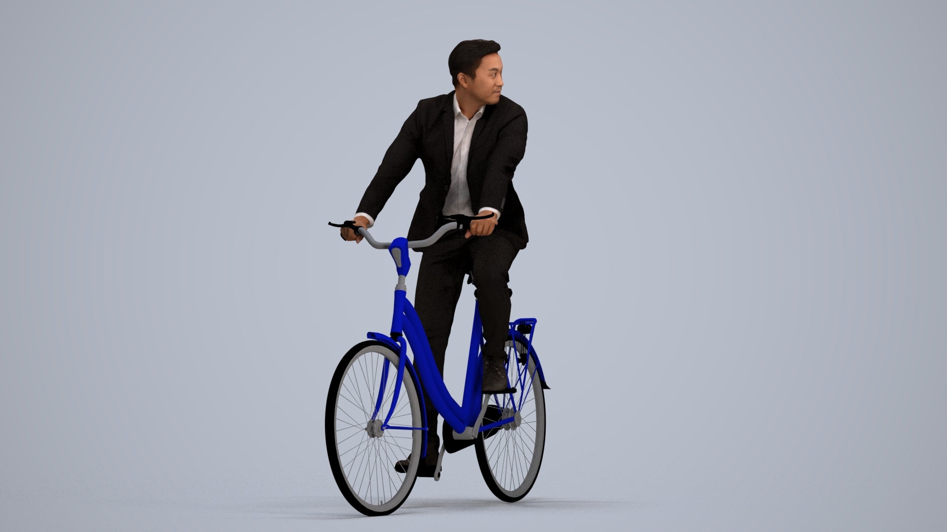3D human model man business cycling, photogrammetry scanned person for archviz, standing pose render