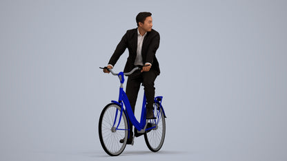 3D human model man business cycling, photogrammetry scanned person for archviz, standing pose render