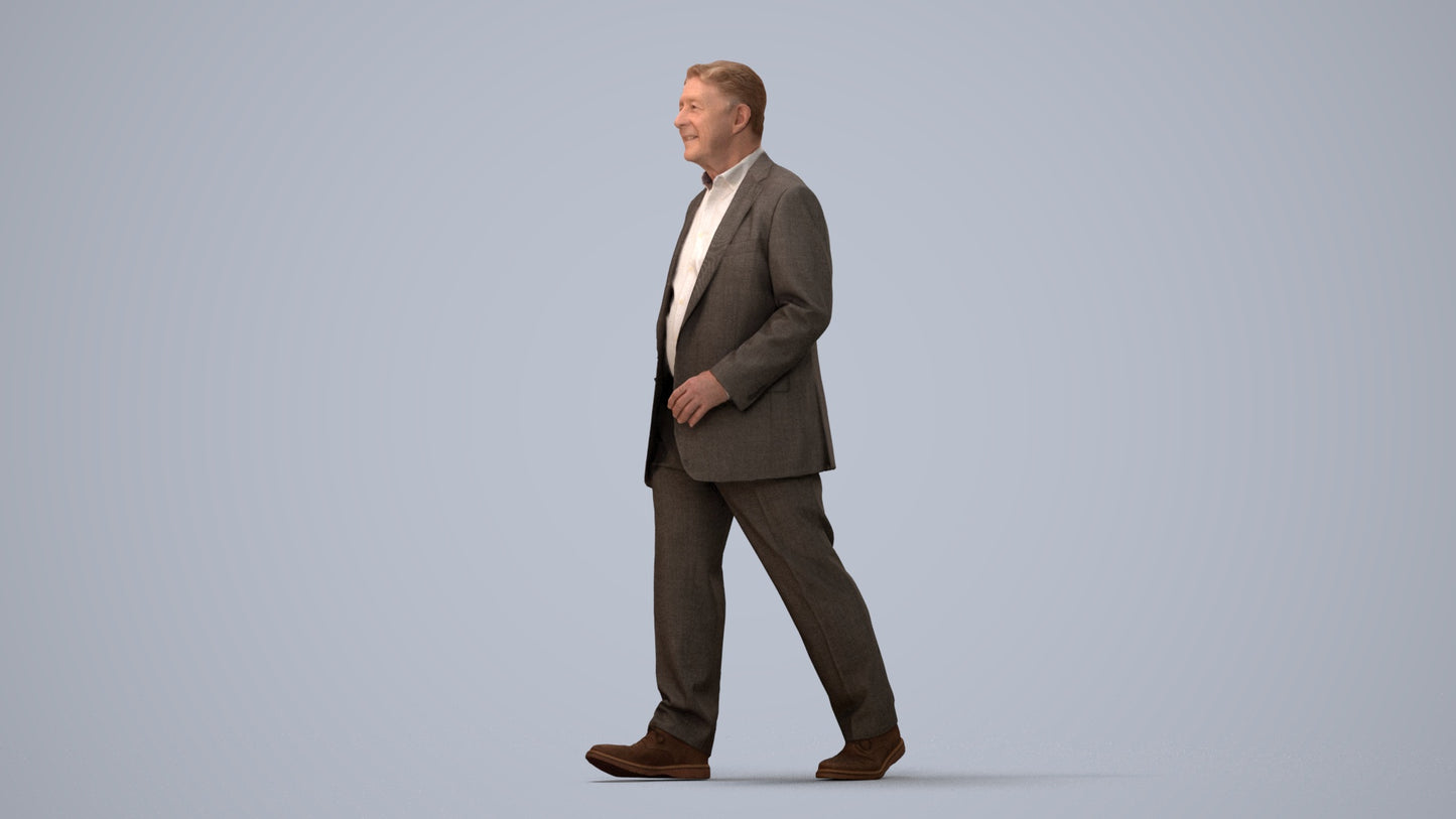 realistic 3D senior man business standing, scanned archviz people for Blender and 3ds Max, three-quarter view render