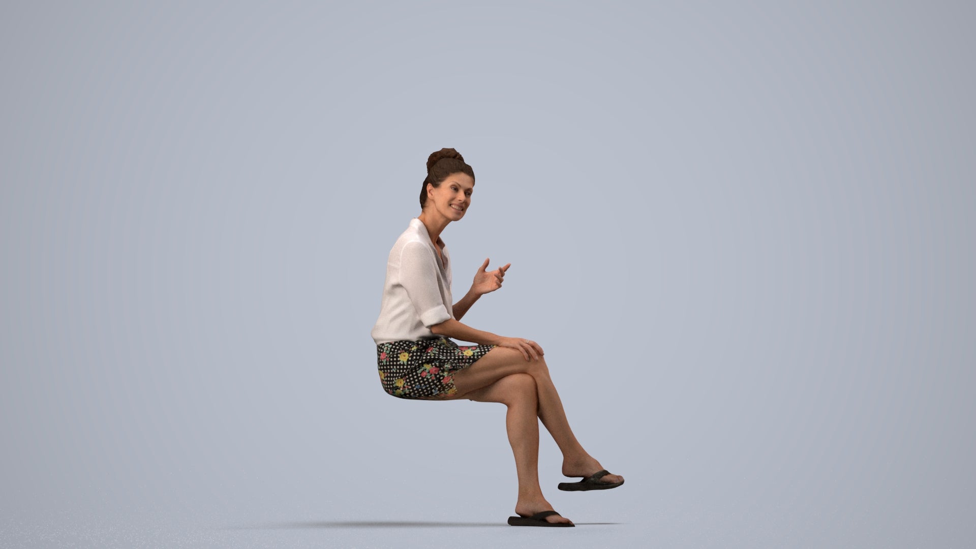 realistic 3D human woman business sitting, archviz people FBX OBJ for Blender, side view render