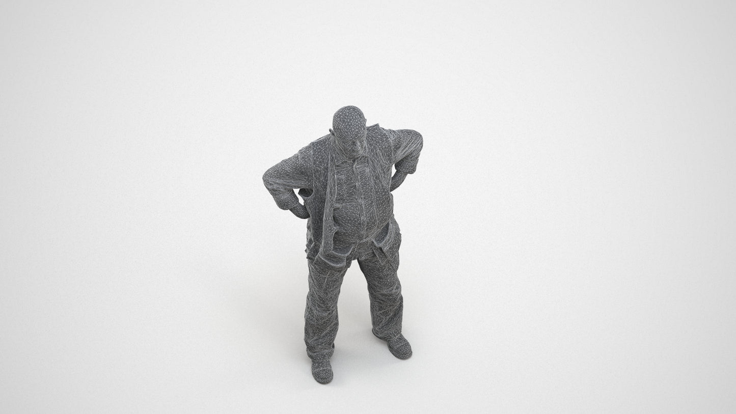 photogrammetry 3D senior man standing, realistic human model archviz FBX, wireframe three-quarter view