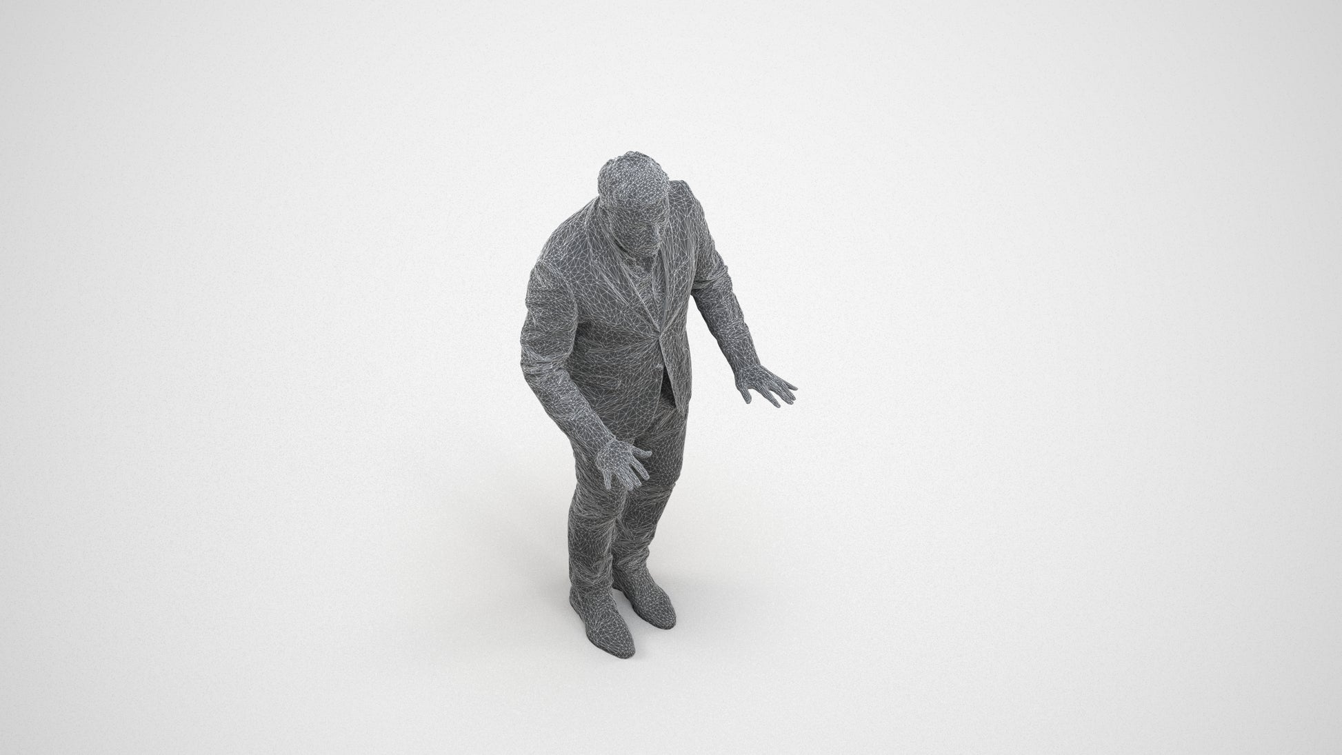 3D people model man business standing, scanned human for 3ds Max rendering, wireframe three-quarter view