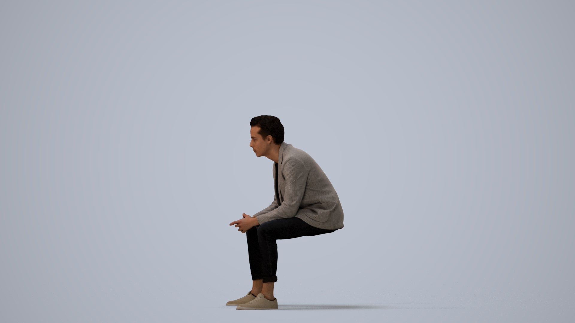 photogrammetry 3D man business sitting, realistic human model archviz FBX, three-quarter view render
