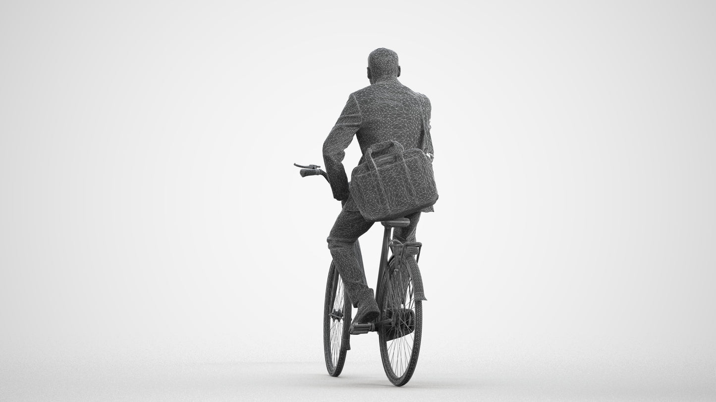 3D scanned man cycling business, photorealistic archviz people for Enscape and SketchUp, wireframe front view