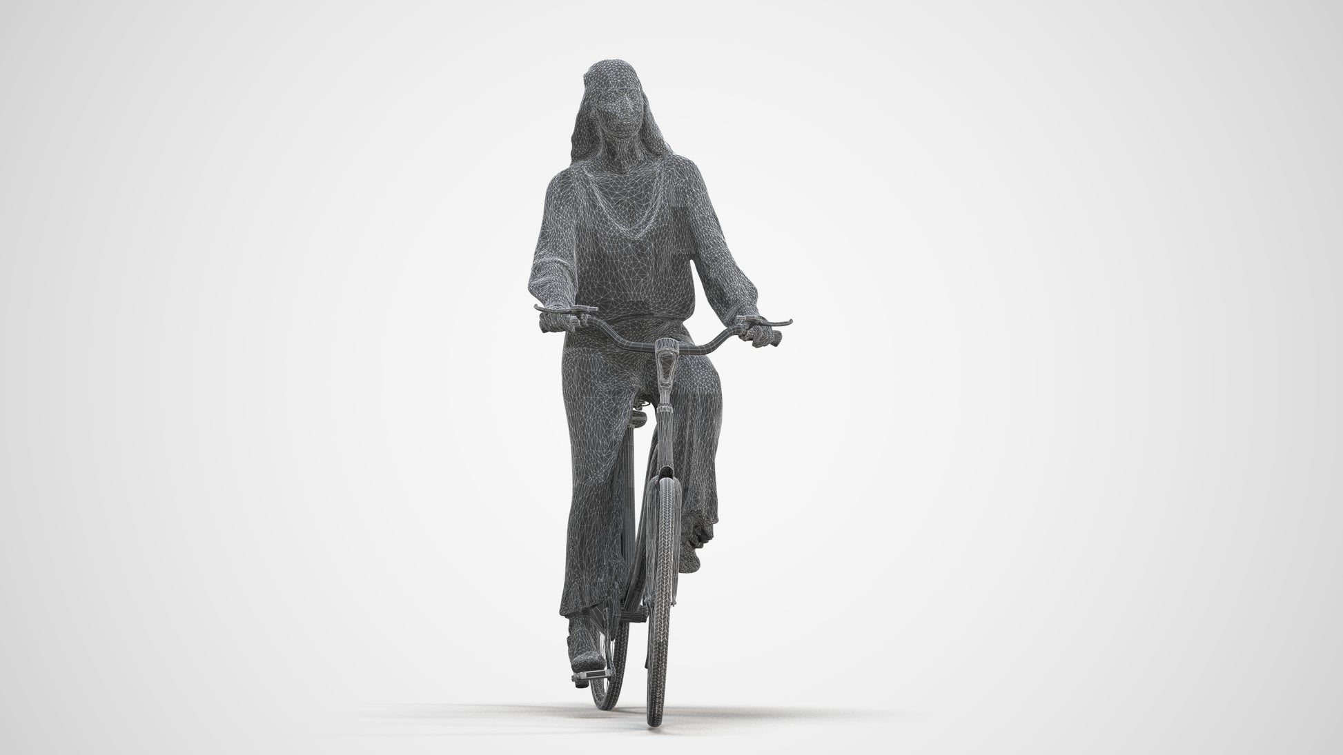 3D human model woman casual cycling, photogrammetry scanned person for archviz, three-quarter front view render