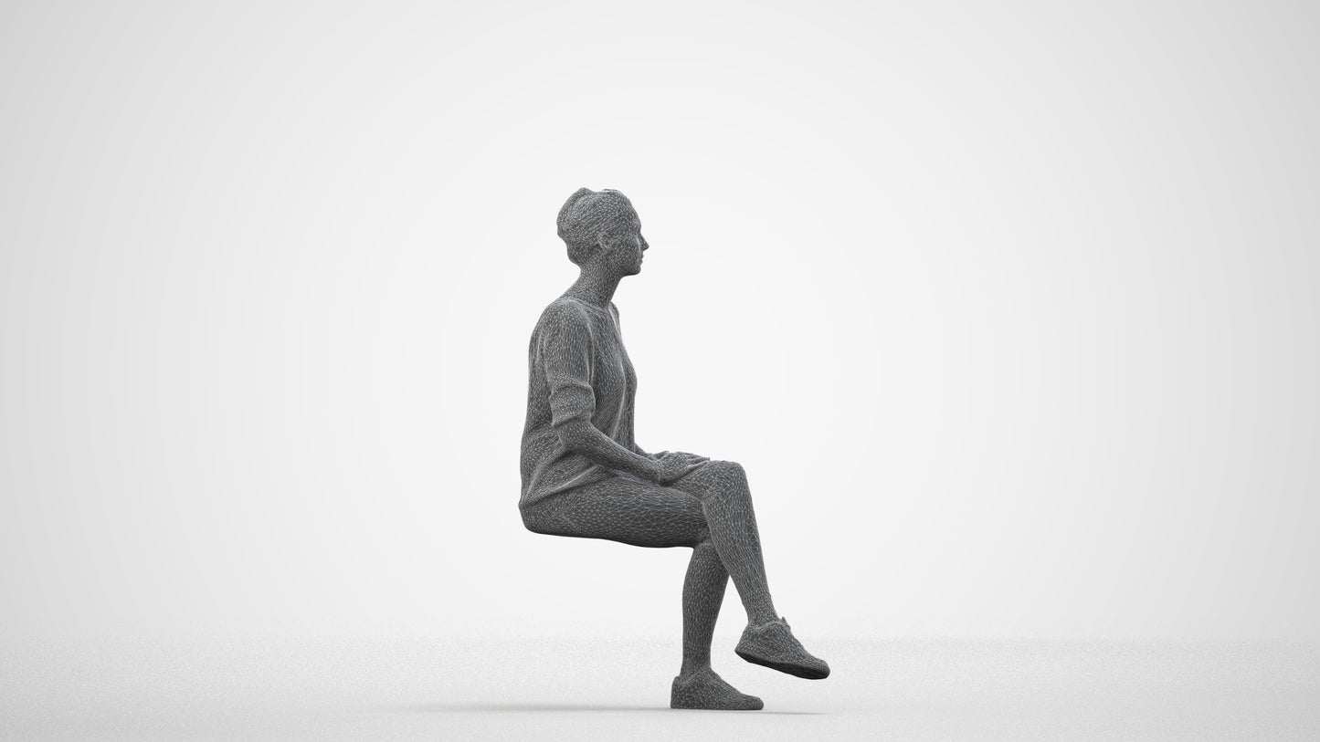realistic 3D people woman casual sitting, render-ready for V-Ray and Corona, FBX OBJ, wireframe side view