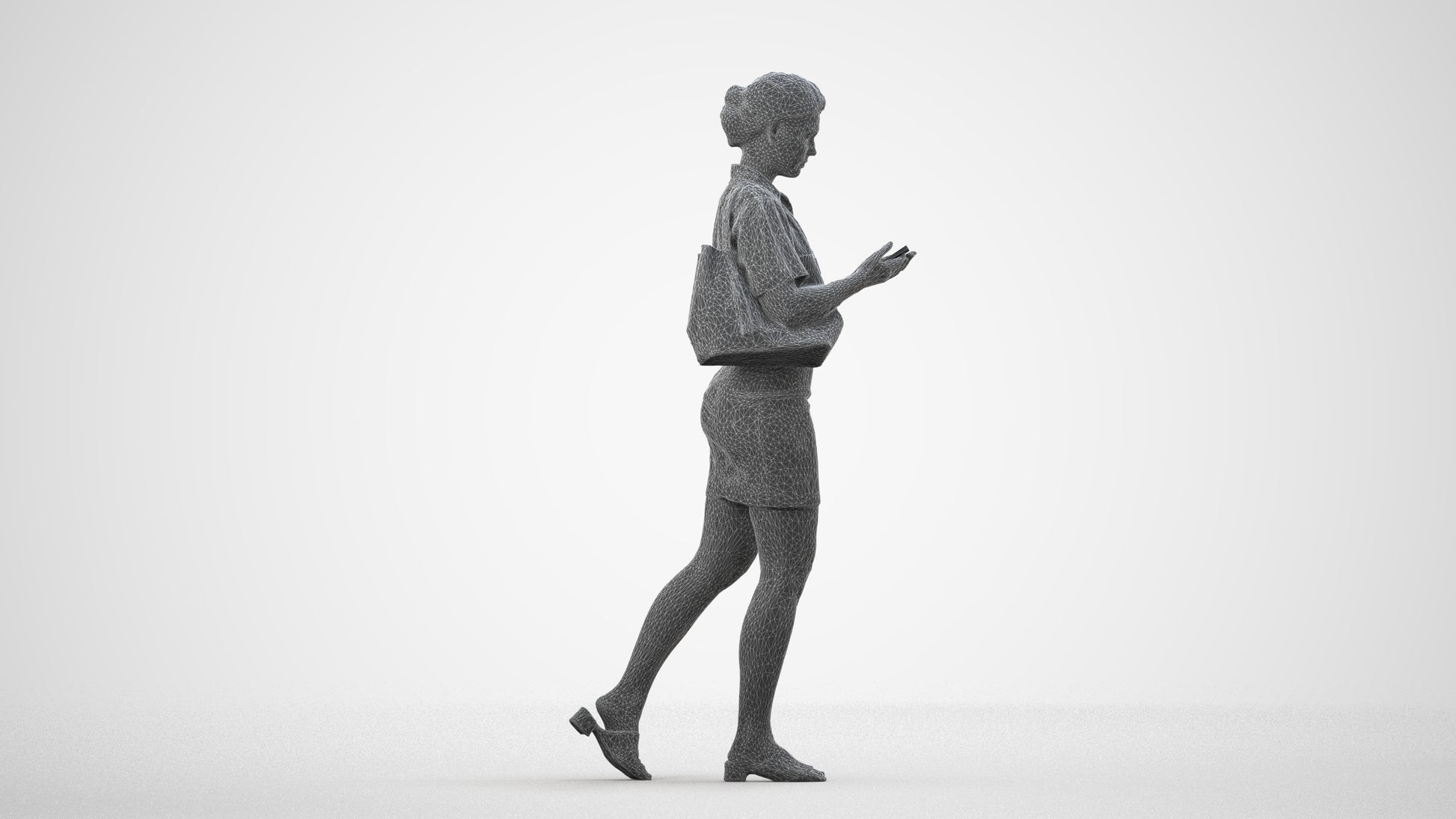 scanned 3D woman casual walking, photogrammetry people for Enscape and V-Ray, wireframe side view