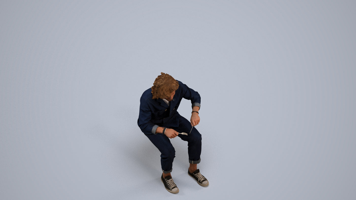 realistic 3D man casual sitting, scanned archviz people for Blender and 3ds Max, back view render
