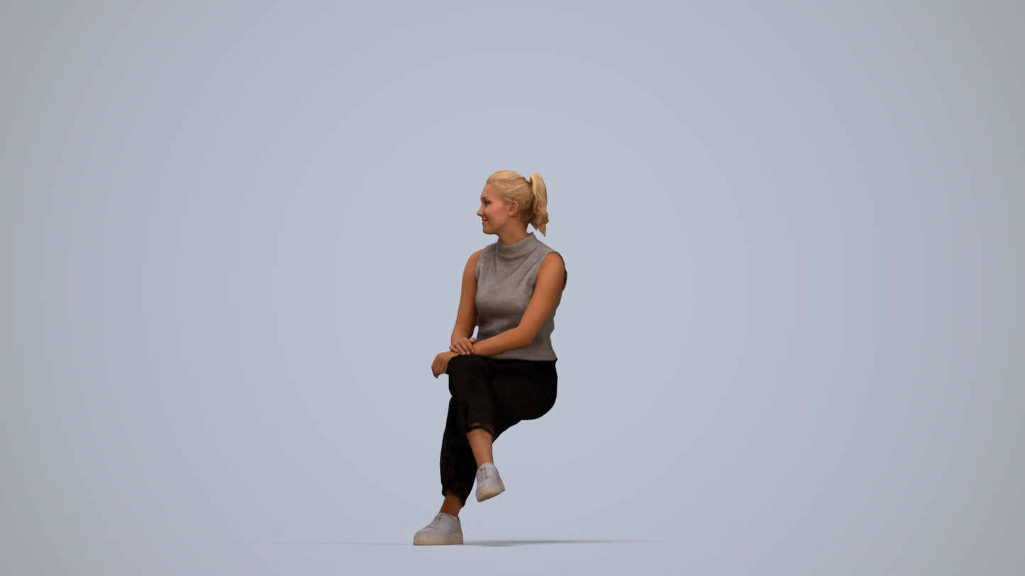 realistic 3D woman casual sitting, scanned archviz people for Blender and 3ds Max, top-down view render