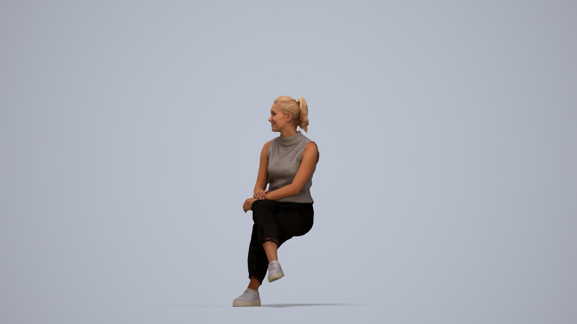 realistic 3D woman casual sitting, scanned archviz people for Blender and 3ds Max, top-down view render