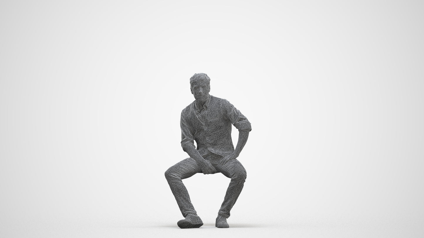 scanned 3D man casual sitting, photogrammetry people for Enscape and V-Ray, three-quarter front view render