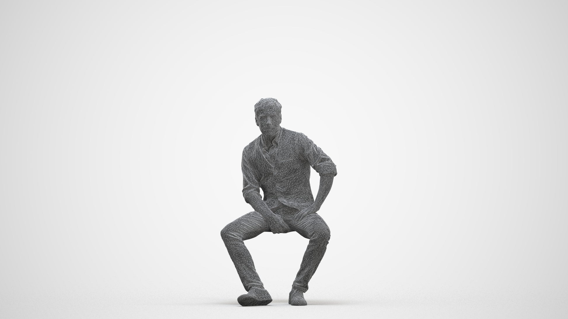 scanned 3D man casual sitting, photogrammetry people for Enscape and V-Ray, three-quarter front view render