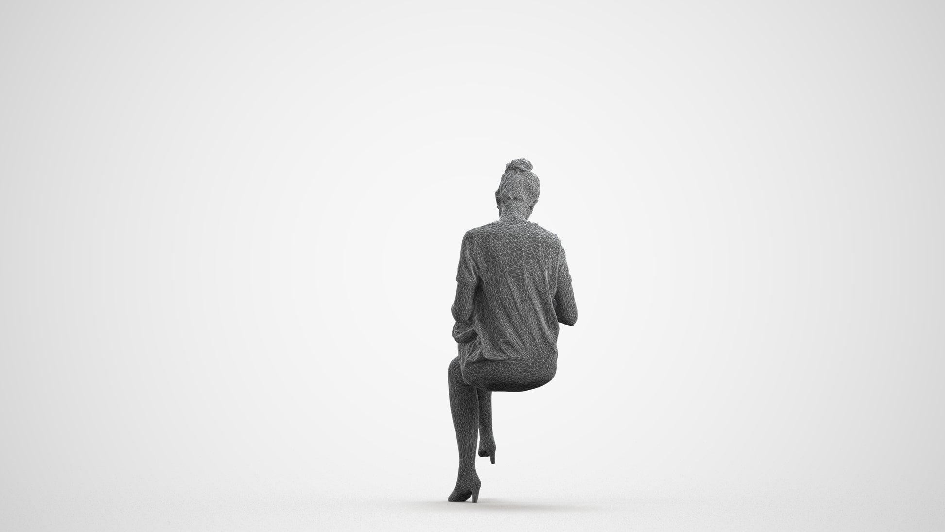 3D scanned woman sitting casual, photorealistic archviz people for Enscape and SketchUp, wireframe front view