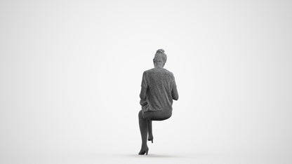 3D scanned woman sitting casual, photorealistic archviz people for Enscape and SketchUp, wireframe front view