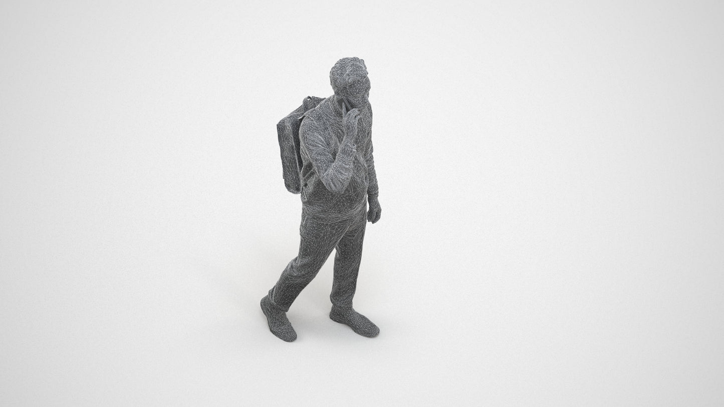 scanned 3D man casual walking, photogrammetry people for Enscape and V-Ray, wireframe three-quarter view