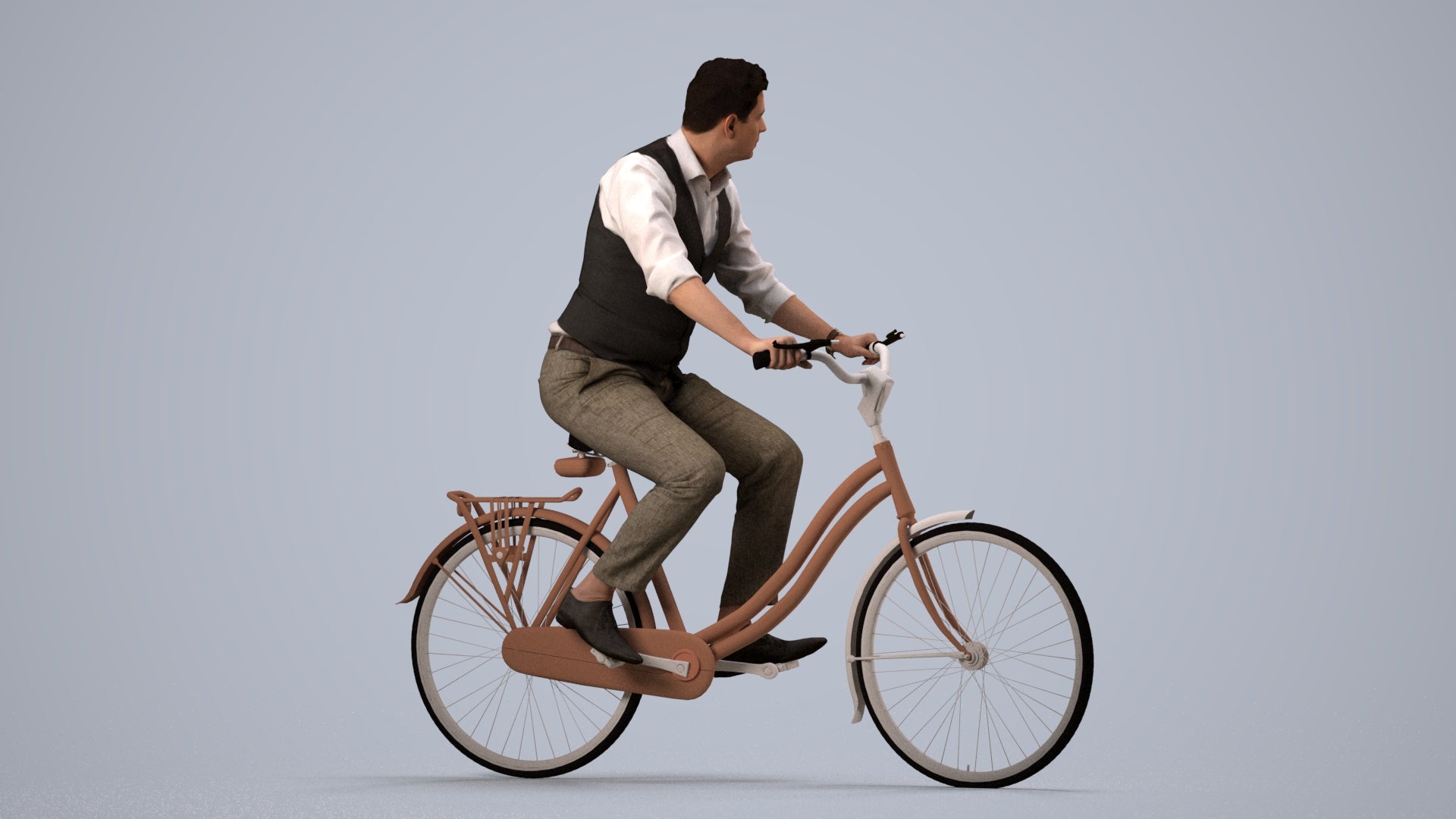 realistic 3D man business cycling, scanned archviz people for Blender and 3ds Max, side view render