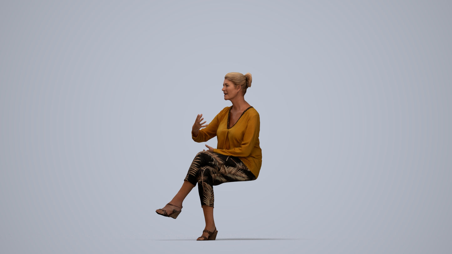 3D human model woman casual sitting, photogrammetry scanned person for archviz, top-down view render