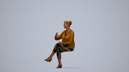 3D human model woman casual sitting, photogrammetry scanned person for archviz, top-down view render