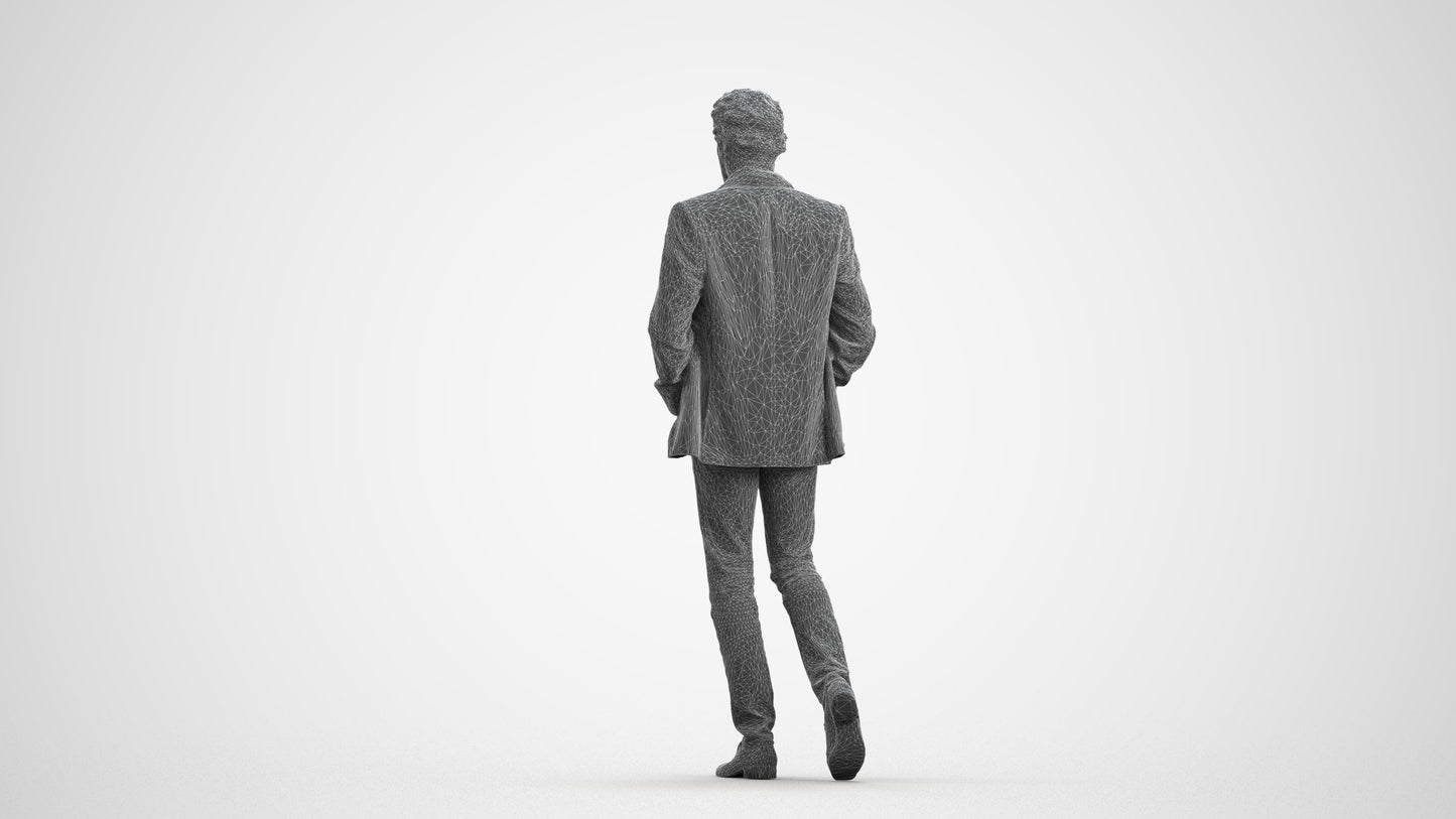 realistic 3D man business standing, scanned archviz people for Blender and 3ds Max, wireframe front view