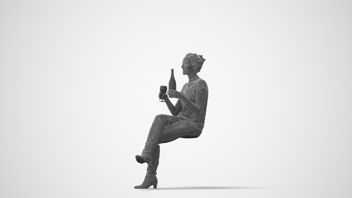 3D human model woman casual sitting, photogrammetry scanned person for archviz, square thumbnail