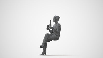 3D human model woman casual sitting, photogrammetry scanned person for archviz, square thumbnail