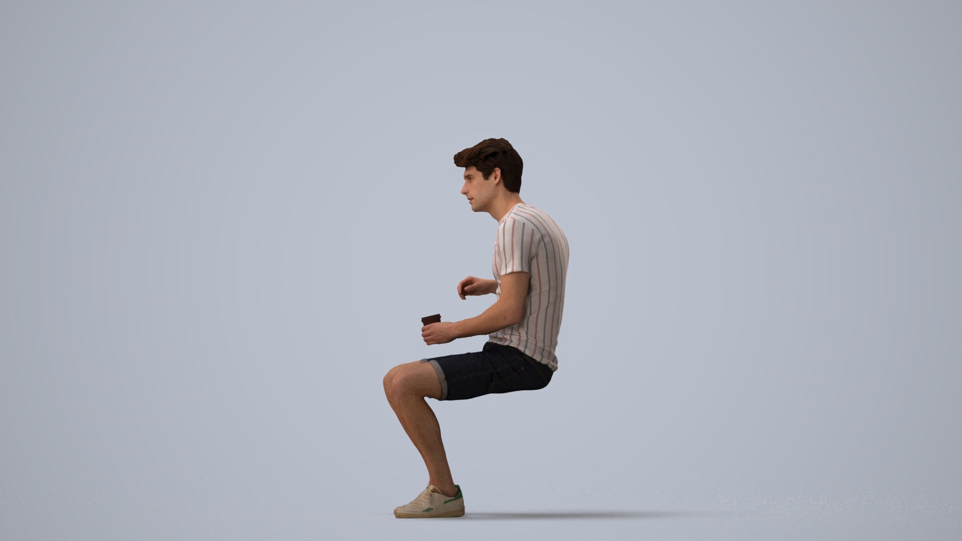 photogrammetry 3D man casual sitting, realistic human model archviz FBX, three-quarter view render